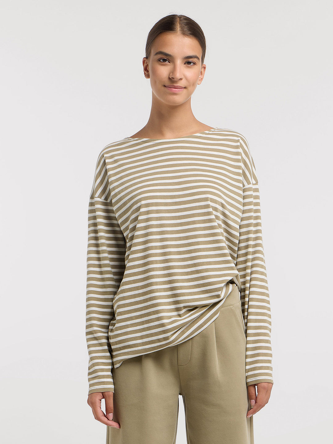 Longsleeve Tooske Stripe Golden Olive Cloud White