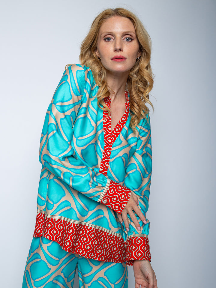 Shirtbluse Aqua Coral Border