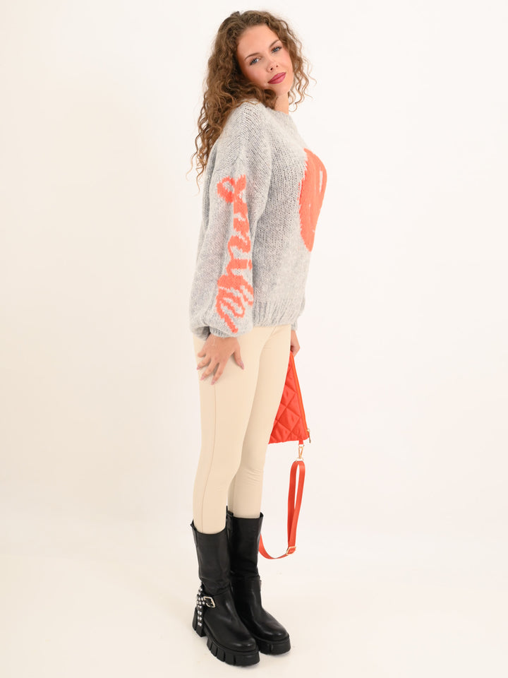 Strickpullover Smile Grau Orange