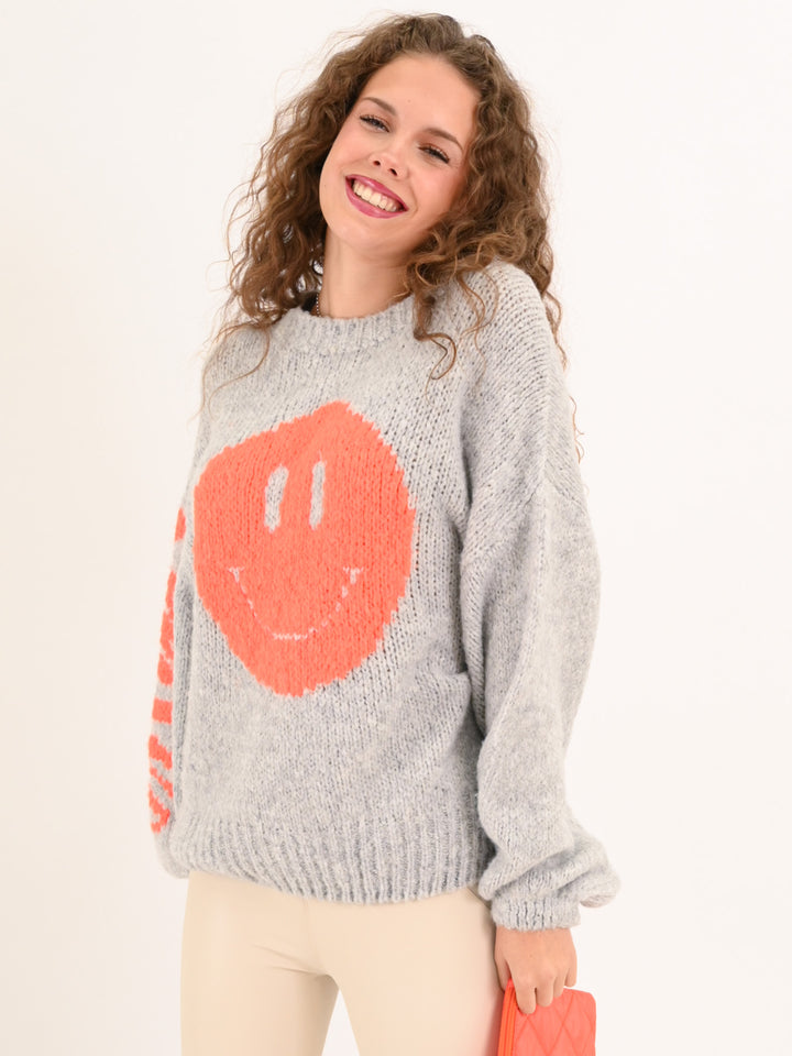 Strickpullover Smile Grau Orange