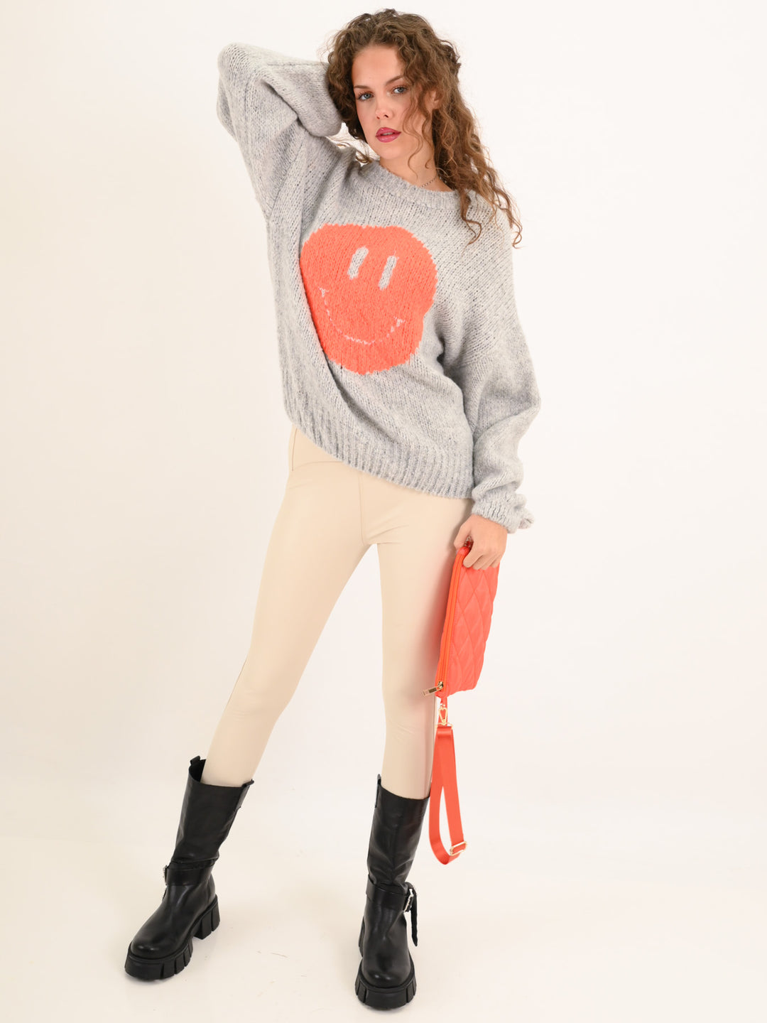 Strickpullover Smile Grau Orange